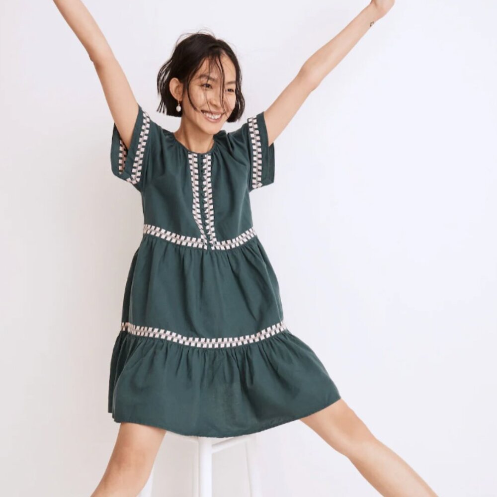 Madewell Embroidered Linen-Blend Flutter-Sleeve Mini Dress
